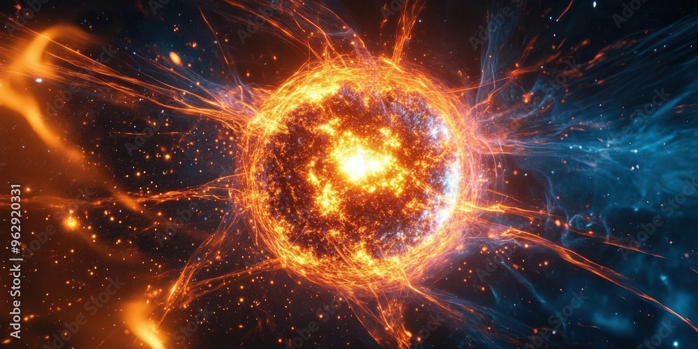 A mesmerizing depiction of a vibrant star, radiating energy with fiery colors and dynamic visual patterns in a cosmic setting. A mesmerizing depiction of a vibrant star, radiating energy with fiery colors and dynamic visual patterns in a cosmic setting.