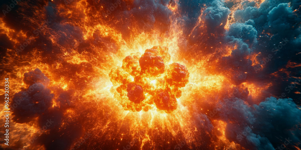 A dramatic explosion depicting vibrant flames and clouds, showcasing the raw power of an explosive event.