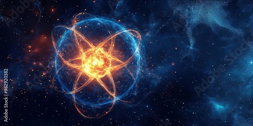 A mesmerizing depiction of an atom floating in a cosmic space, showcasing vibrant colors and stellar elements.