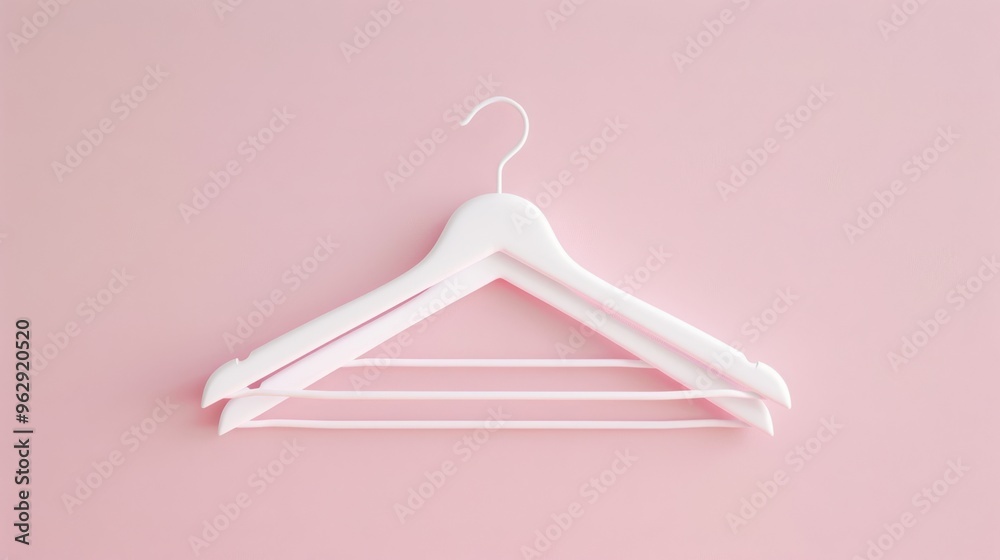A trio of minimalist white hangers on a soft pink background, exuding simplicity and elegance through clean lines and understated design. A trio of minimalist white hangers on a soft pink background, exuding simplicity and elegance through clean lines and understated design.