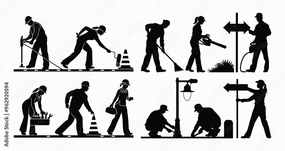 Fototapeta premium Vector silhouette set of workers or laborers illustration template