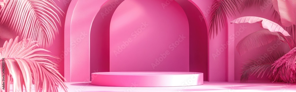 Bright pink podium in a landscape with a pink arch hallway backdrop 3D scene mockup Bright pink podium in a landscape with a pink arch hallway backdrop 3D scene mockup