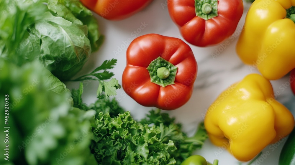 Fresh vegetables on a white surface create a vibrant display. Red and yellow bell peppers contrast beautifully with leafy greens. Perfect for healthy recipes and food photography. AI Fresh vegetables on a white surface create a vibrant display. Red and yellow bell peppers contrast beautifully with leafy greens. Perfect for healthy recipes and food photography. AI