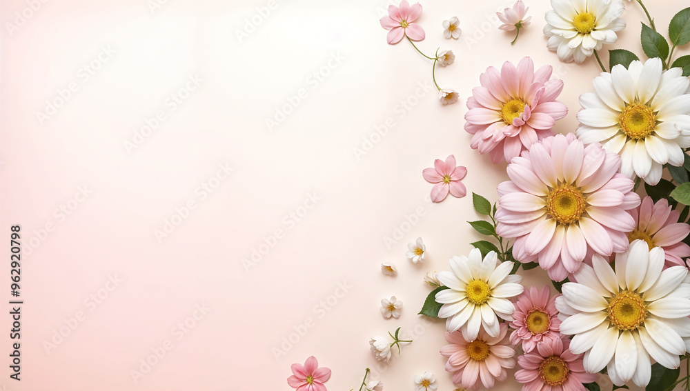 Fototapeta premium Daisies on pink background. Floral background, frame. Flowers on pink with space for text