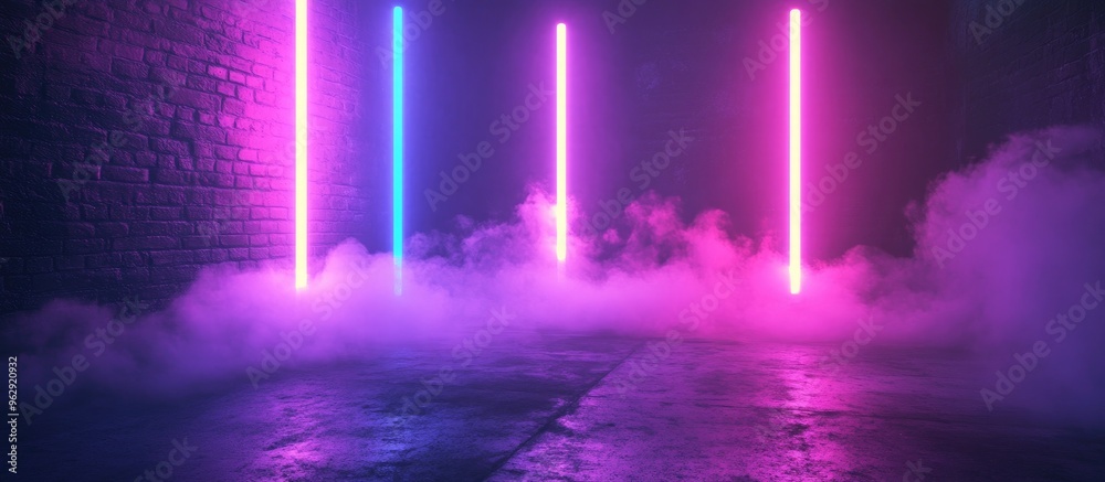 Smoke and Fog with Glowing Laser Neon Tubes in Purple and Blue in a Studio Setting with Brick Walls Nighttime Dance Stage Sci Fi Retro Futuristic Vibes and Concrete Flooring with Spotlight 3D Rend Smoke and Fog with Glowing Laser Neon Tubes in Purple and Blue in a Studio Setting with Brick Walls Nighttime Dance Stage Sci Fi Retro Futuristic Vibes and Concrete Flooring with Spotlight 3D Rend