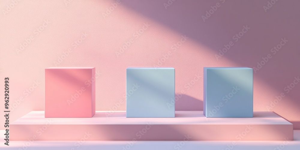 Three square product display boxes in pastel pink and blue colors showcased on a stand with 3D rendering Three square product display boxes in pastel pink and blue colors showcased on a stand with 3D rendering