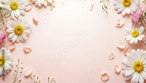 Daisies on pink background. Floral background, frame. Flowers on pink with space for text