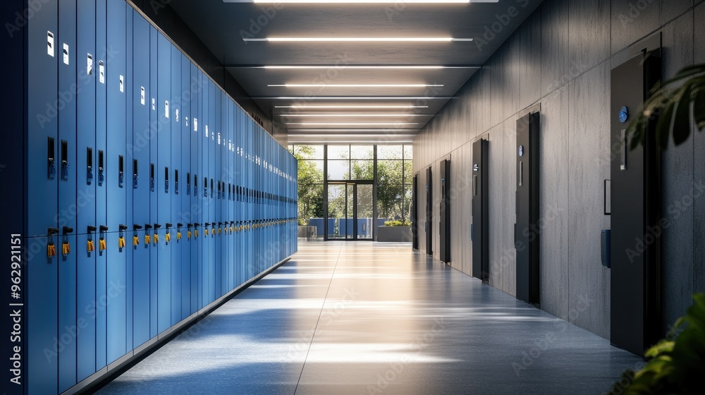 A 3D AI-generated scene of a hallway with blue lockers, showcasing a blend of sleek design and advanced technology A 3D AI-generated scene of a hallway with blue lockers, showcasing a blend of sleek design and advanced technology