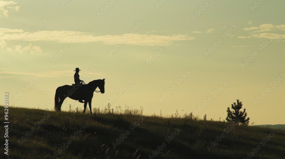 A solitary rider on horseback silhouetted against a dusky sky, evoking a sense of adventure and freedom in a wide-open landscape. A solitary rider on horseback silhouetted against a dusky sky, evoking a sense of adventure and freedom in a wide-open landscape.