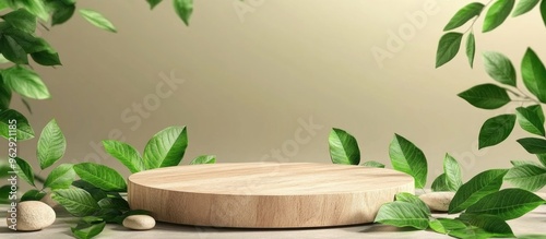 Wooden podium adorned with green leaves and natural stones Abstract display stand for organic cosmetic products Natural showcase for presentations and exhibitions Front perspective