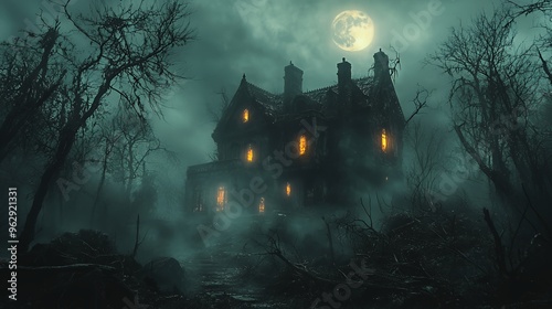 A mysterious, ominous, and foreboding gothic Victorian house in a dark and misty forest with a full moon in the night sky. photo