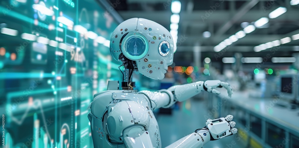 Inside a smart factory, robotic arms efficiently assemble products while a digital interface displays real-time metrics in a modern environment. Inside a smart factory, robotic arms efficiently assemble products while a digital interface displays real-time metrics in a modern environment.