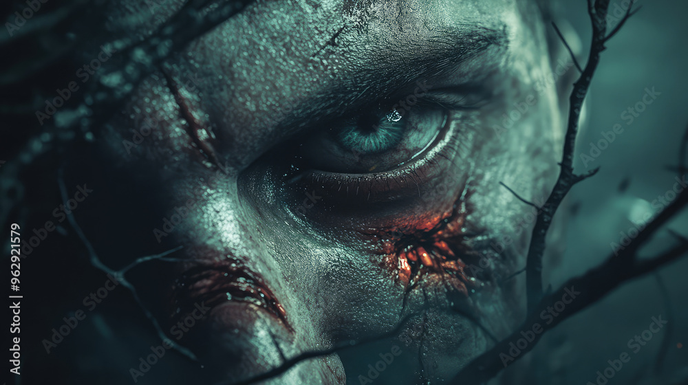 A man with a bloody face and a green eye A man with a bloody face and a green eye