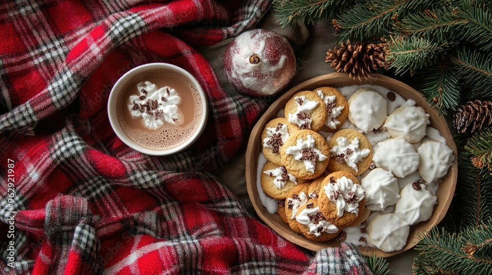 A cozy Christmas background featuring a table with hot cocoa, cookies, and a plaid blanket, perfect for holiday themes A cozy Christmas background featuring a table with hot cocoa, cookies, and a plaid blanket, perfect for holiday themes