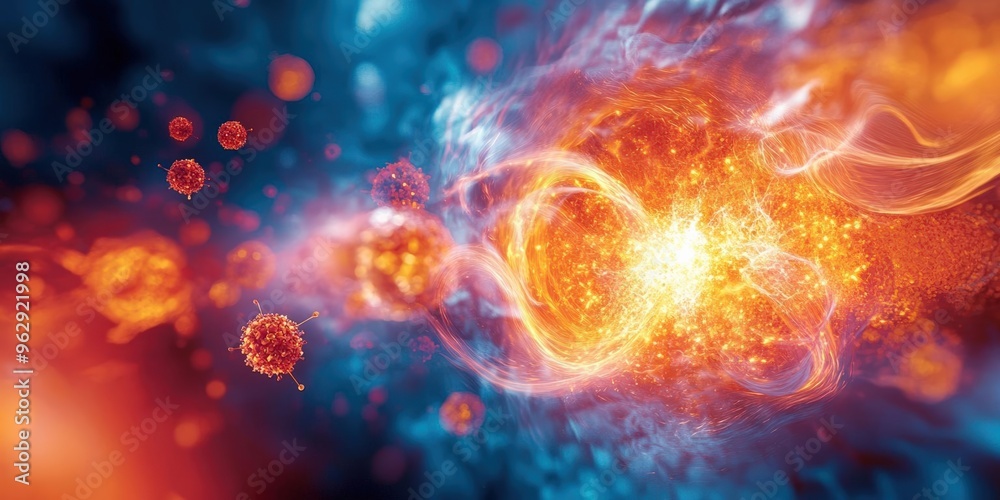 Vivid abstract illustration of energy, particles, and light in a dynamic cosmic scene, showcasing vibrant colors and motion. Vivid abstract illustration of energy, particles, and light in a dynamic cosmic scene, showcasing vibrant colors and motion.