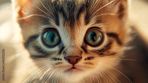 A close-up of a kittenâ€™s face, with its big eyes and tiny nose looking directly at the camera, creating an irresistibly cute and heartwarming moment.