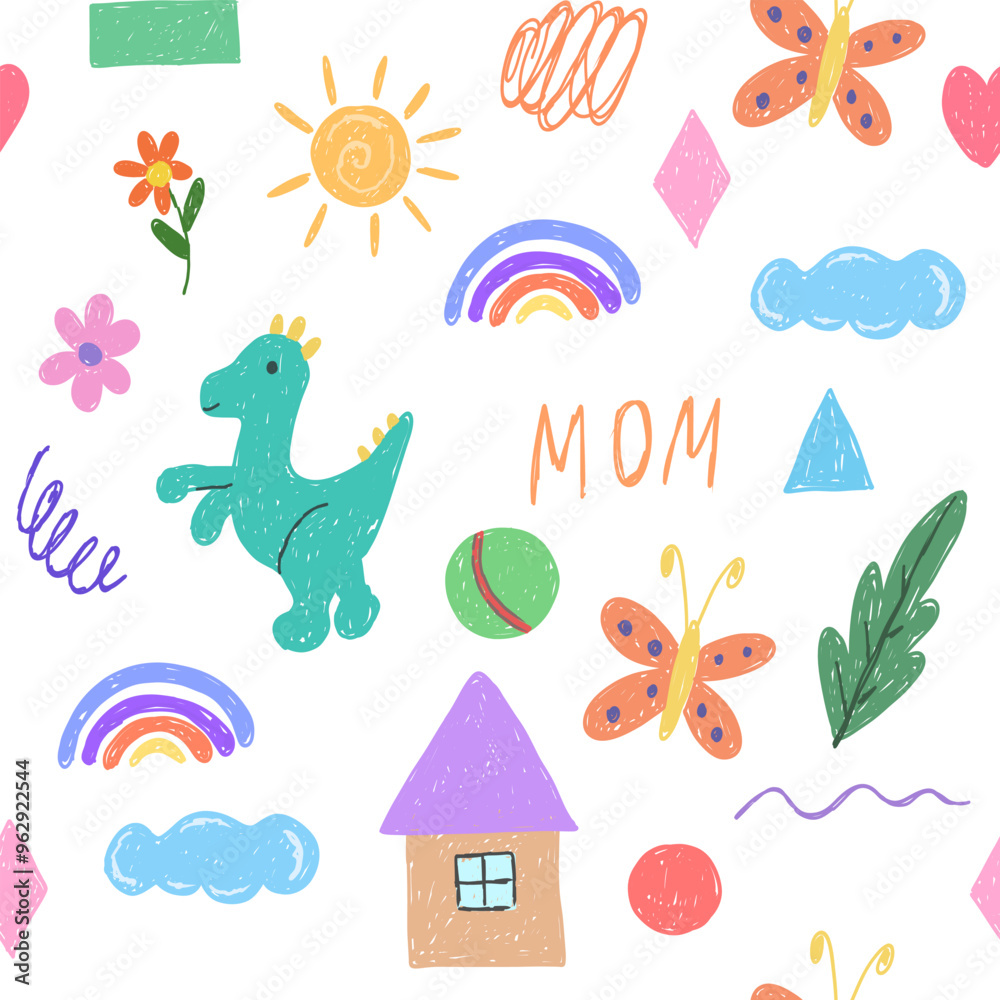 Fototapeta premium Seamless pattern with crayon drawing rainbow, dinosaur and car