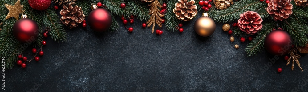 Christmas decorations on a black background with pine cones and red balls Christmas decorations on a black background with pine cones and red balls