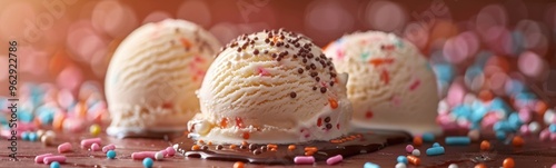 Scoops of ice cream with sprinkles on a table