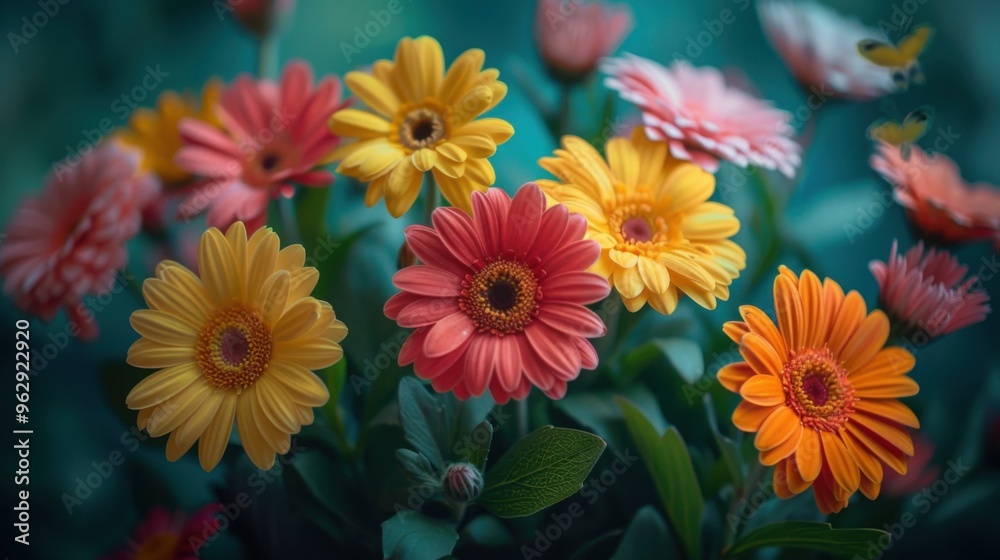 Brightly colored flowers are in a vase on a blue background
