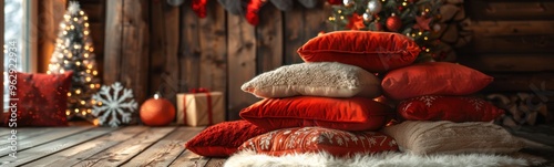 Many pillows stacked on top of each other on a wooden floor, christmas banner