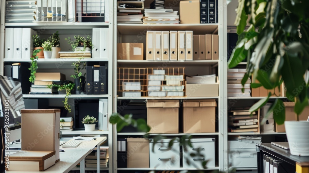 A neatly organized office with shelves full of files, books and plants, showcasing an orderly, productive work environment. A neatly organized office with shelves full of files, books and plants, showcasing an orderly, productive work environment.
