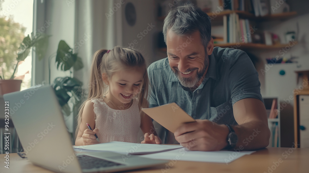 Father doing homework with his little daughter Father doing homework with his little daughter