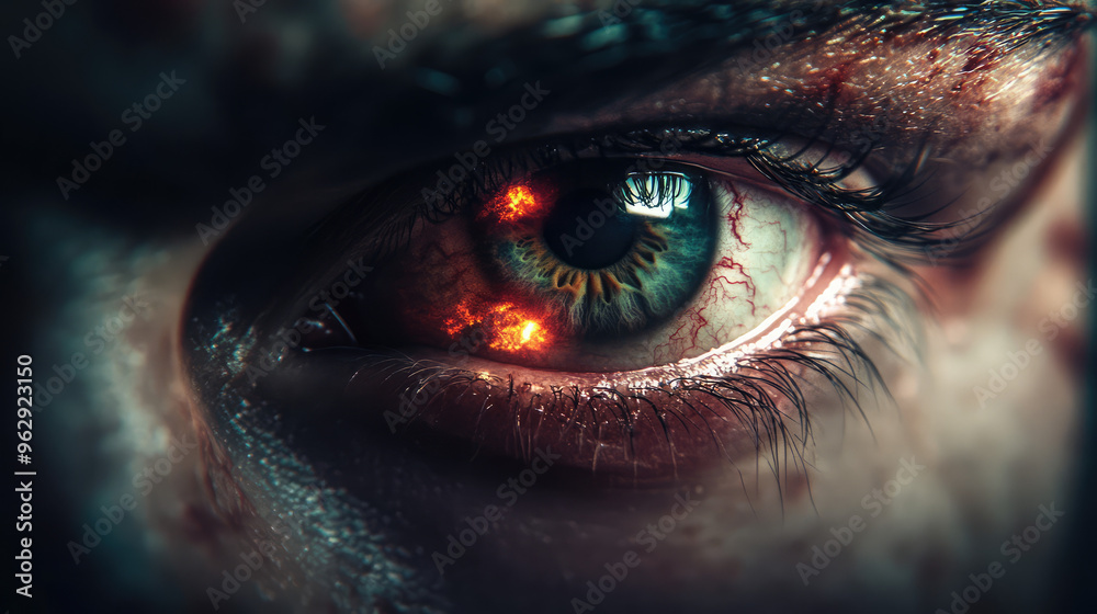 A close up of a person's eye with a bright green iris and red veins A close up of a person's eye with a bright green iris and red veins