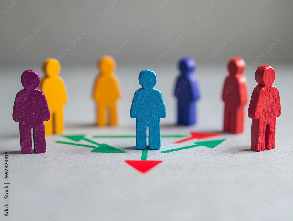 Colorful Plastic Figures Illustrating Team Communication and Idea Sharing, Red Wooden Statues in Foreground, Studio Setting Colorful Plastic Figures Illustrating Team Communication and Idea Sharing, Red Wooden Statues in Foreground, Studio Setting