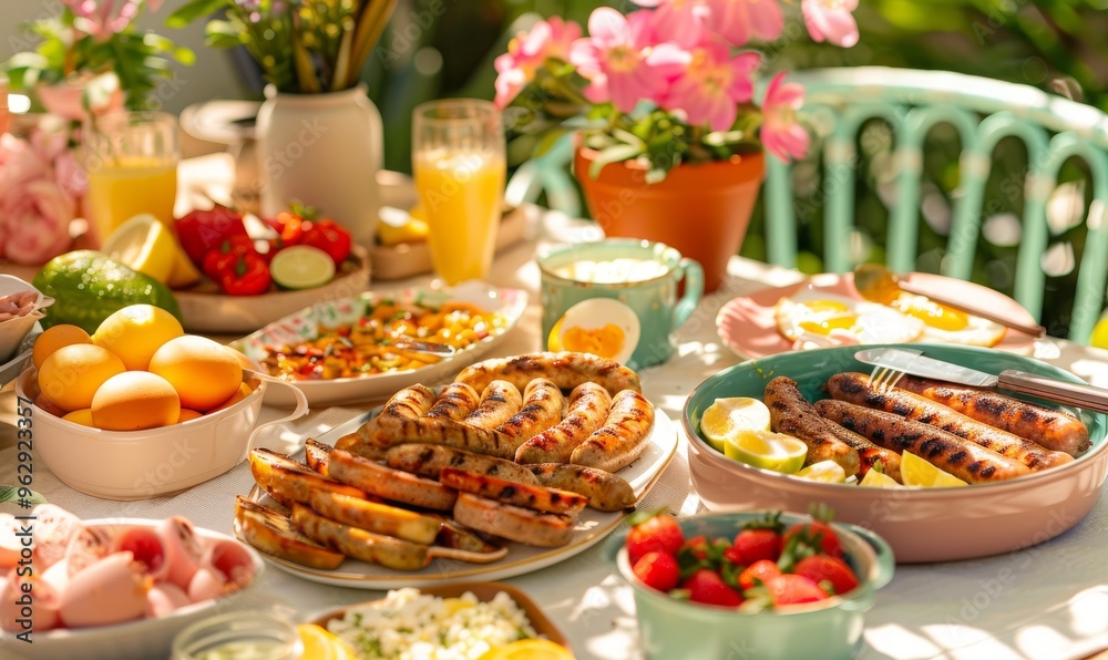 vibrant outdoor dining table with sausages, eggs, fresh fruits, strawberries, lemons, and juice glasses, creating a cheerful and inviting atmosphere perfect for an Easter celebration vibrant outdoor dining table with sausages, eggs, fresh fruits, strawberries, lemons, and juice glasses, creating a cheerful and inviting atmosphere perfect for an Easter celebration