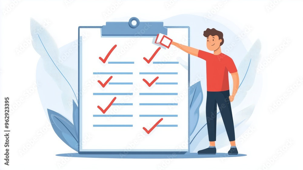 Self assessment, Evaluate yourself for personal development or work improvement, man giving check on checkbox, Achievement list notepad paper Self assessment, Evaluate yourself for personal development or work improvement, man giving check on checkbox, Achievement list notepad paper