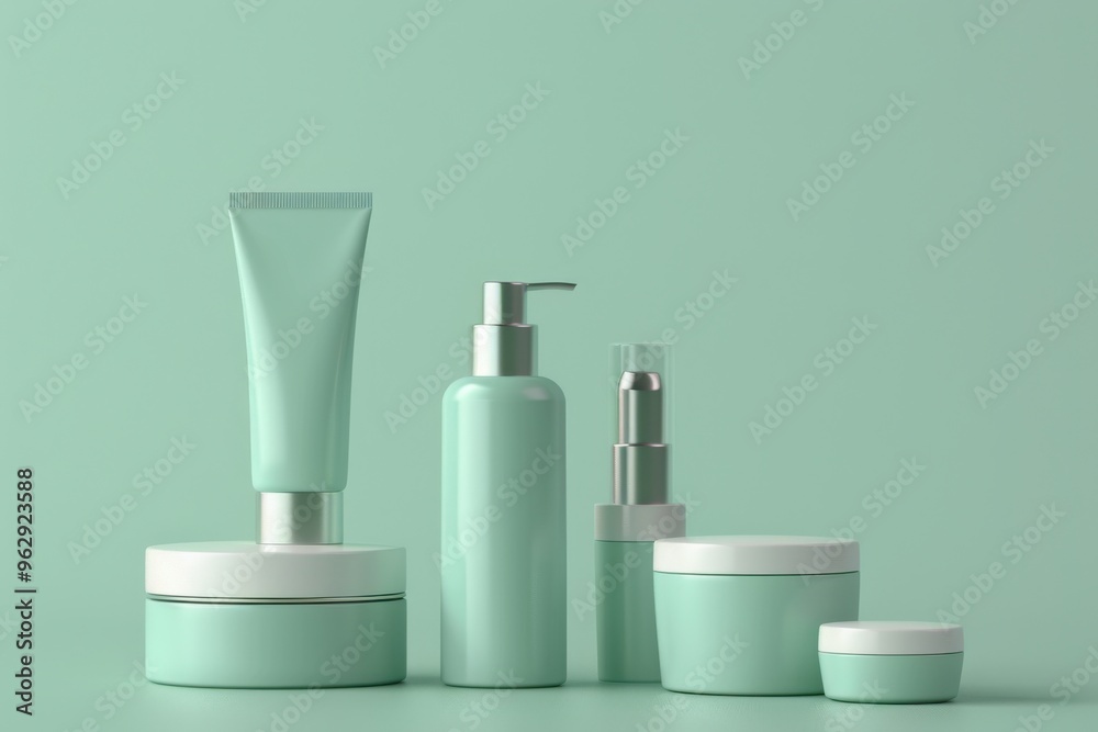 A row of green beauty products including a bottle of lotion, a bottle of shampoo A row of green beauty products including a bottle of lotion, a bottle of shampoo