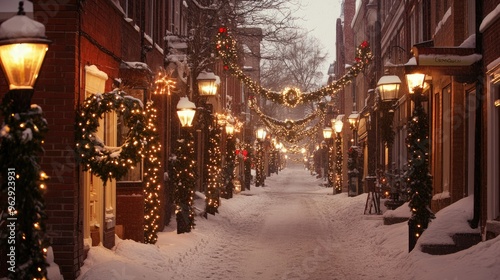 A snowy street with lampposts wrapped in Christmas lights and wreaths, creating a festive atmosphere in the city