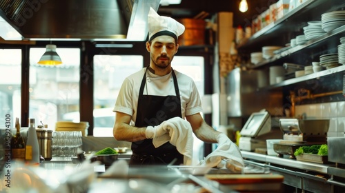 A chef, clad in a white uniform and hat, is busy cleaning in a professional kitchen, set against the backdrop of stainless steel and natural light.