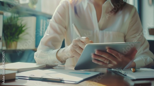 A person uses a tablet in a sunlit office, showcasing modern technology and a contemporary work environment.