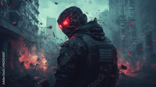 An infected man in a black jacket with red eyes stands in front of a building with a lot o