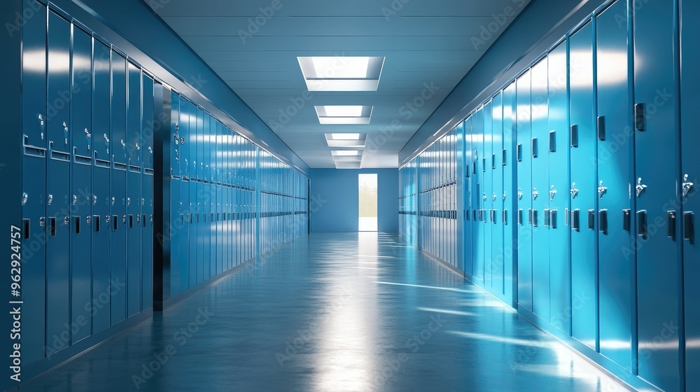 AI-generated image of a school hallway lined with bright blue lockers, highlighting innovative and futuristic design elements AI-generated image of a school hallway lined with bright blue lockers, highlighting innovative and futuristic design elements