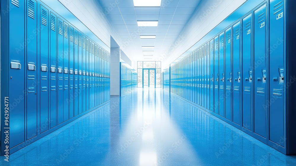 AI-generated image of a school hallway lined with bright blue lockers, highlighting innovative and futuristic design elements AI-generated image of a school hallway lined with bright blue lockers, highlighting innovative and futuristic design elements
