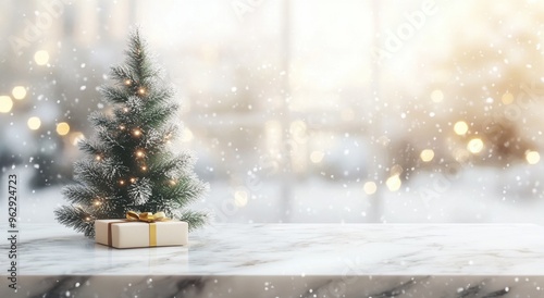 A Christmas tree with lights and gift boxes on a white marble table in a winter interior, with a blurred, snowy window background as a banner for product display presentation mockup design concept