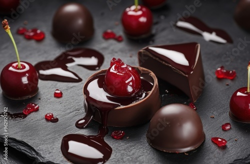 Chocolate praline with cherry, flowing drink, melting chocolate and cherry on black background, close-up, with space for text for concept