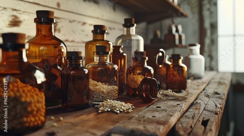 Shelves of vintage apothecary jars filled with seeds and herbs stand in a rustic, sunlit room, evoking an old-world ambiance. photo