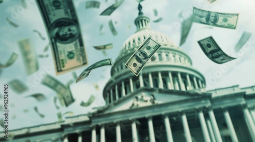 Whimsical scene of dollar bills flying around the US Capitol, symbolizing money and politics, against a soft-focus background of the iconic building. photo