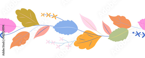Gentle flowers with colorful leaves isolated on a white background. Seamless vector border.