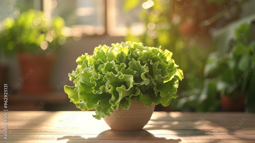 A potted green lettuce plant sits on a sunlit table, with other plants visible in the background. A potted green lettuce plant sits on a sunlit table, with other plants visible in the background.