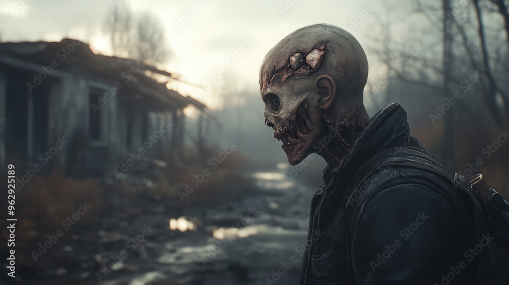 A zombie man with a skull on his head is walking down a road A zombie man with a skull on his head is walking down a road