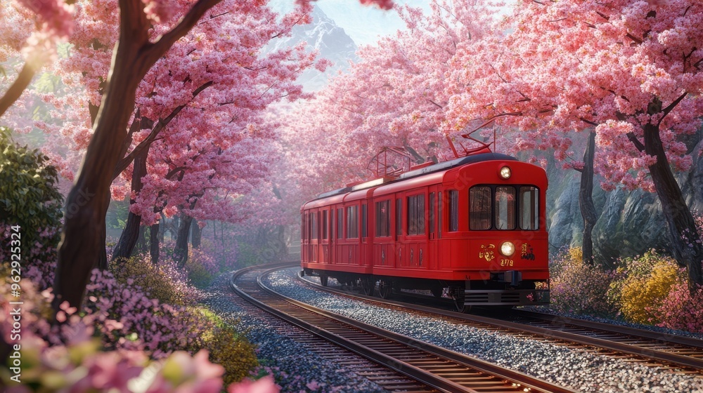 Cherry blossom with Red train in spring in Japan or Korea is the popular view spot,Illustration of Japanese spring,Panorama travel,tour advertising of world famous landmarks of Japan,autumn season. Cherry blossom with Red train in spring in Japan or Korea is the popular view spot,Illustration of Japanese spring,Panorama travel,tour advertising of world famous landmarks of Japan,autumn season.