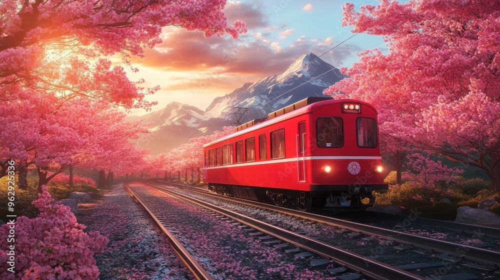 Fototapeta premium Cherry blossom with Red train in spring in Japan or Korea is the popular view spot,Illustration of Japanese spring,Panorama travel,tour advertising of world famous landmarks of Japan,autumn season.