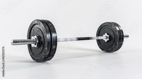 A detailed barbell with weight plates on a white background.
