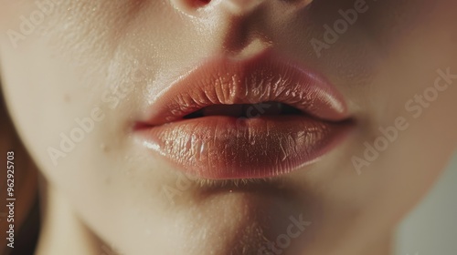 Upper close-up shot of lips glossed with shiny red lipstick, framed by a hint of a freckled cheek, highlighting a bold and youthful look.