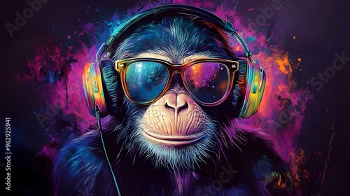 Cool Monkey with Headphones and Sunglasses photo